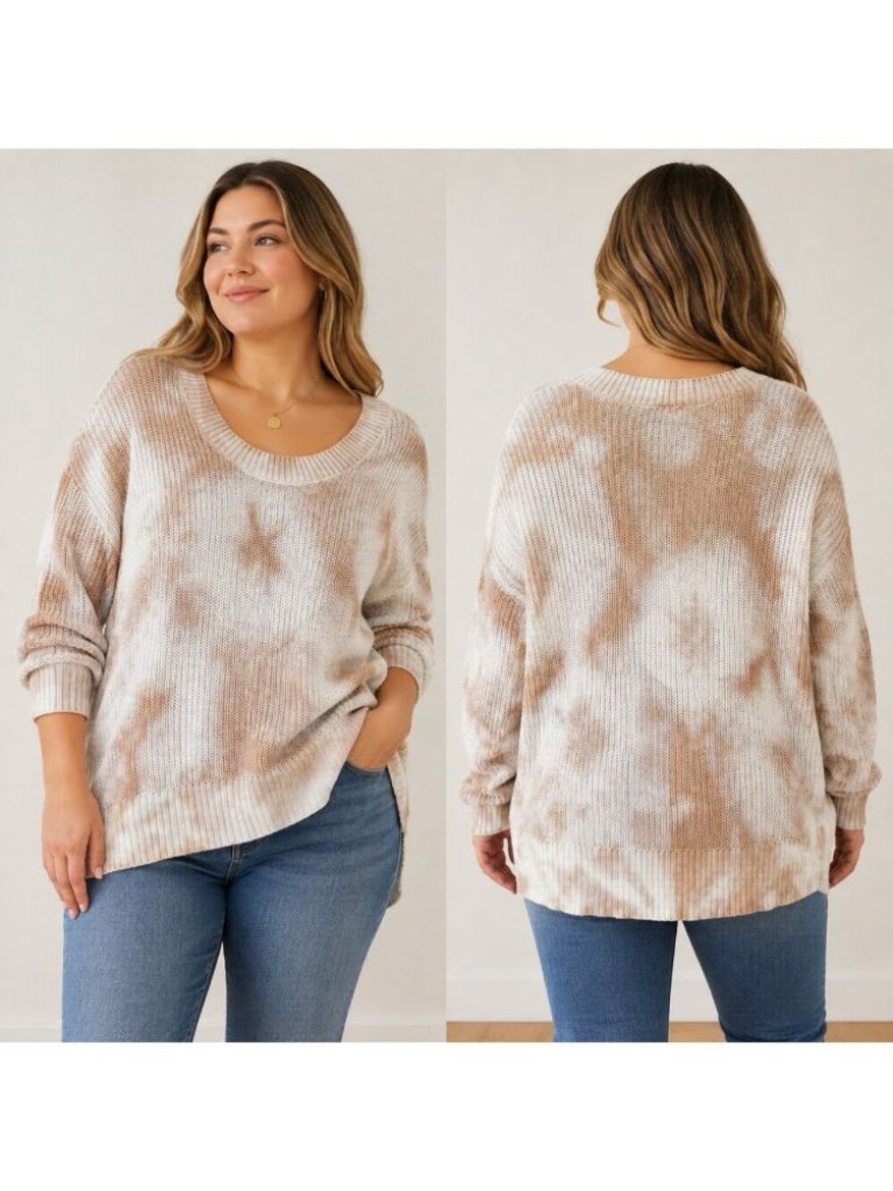 Aerie Women’s Medium Oversized Tie Dye Open Knit Sweater 100% Cotton Tan Cream